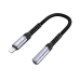 Close-up of the BWOO BZ-48 Lightning to 3.5mm audio adapter with braided black cable and gray metal connectors.