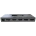 Top-down angled view of the Dtech DT-7214(GS) HDMI Splitter highlighting DIP switches and LED status lights.