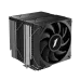 A dynamic view of the CY12D black CPU cooler, showing its dual-tower design with a black fan and black and silver fins.