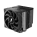 A 3D render of the CY12D black CPU cooler, with a large black fan and fins and two towers of cooling fins.