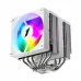 A perspective view of the CY12LD white CPU cooler, showing its vibrant RGB fan, metal fins, and shiny chrome heat pipes.