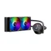 TS4 240 BK AIO cooler with dual RGB fans and a circular pump head displaying temperature.