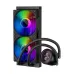 TS4 240 BK liquid cooler with two RGB fans, radiator, and a digital pump head displaying metrics.