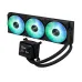 Radiator view of ASUS AYW Gaming LC 360 ARGB LCD CPU Cooler with triple RGB fans and pump display showing system stats.