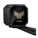 Front view of ASUS TUF Gaming LC III 360 ARGB LCD CPU Cooler pump block with logo and braided tubes attached.