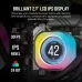 Detailed view of the Corsair iCUE Link H100i LCD RGB CPU Cooler’s 2.1-inch IPS LCD screen displaying CPU temperature with full-color RGB illumination.