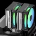 Installed view of DeepCool AG620 G2 ARGB CPU Cooler with dual RGB fans glowing green and blue on motherboard.