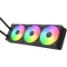 Angled view of Gamdias CHIONE E4-360 V2 CPU Cooler radiator with three RGB fans and braided coolant tubes.