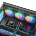 Interior PC build featuring Thermaltake LB360-S ARGB Sync CPU Cooler with triple RGB fans and water block.