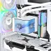 Interior PC build featuring Thermaltake MAGCurve 360 Ultra ARGB Sync Snow CPU Cooler with digital display showing CPU stats.
