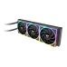 Radiator of Thermaltake MAGCurve 360 Ultra ARGB Sync CPU Cooler with triple RGB fans and cooling tubes attached.