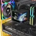 Interior PC build featuring Thermaltake MAGCurve 360 Ultra ARGB Sync CPU Cooler with digital display showing CPU stats.