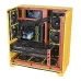 Custom desktop with Thermaltake MAGCurve 360 Ultra ARGB Sync CPU Cooler and liquid cooling tubes inside yellow-orange case.