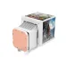 Close-up cube of Thermaltake MINECUBE 360 Ultra ARGB Sync Snow CPU Cooler with copper plate and decorative artwork.