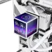 Interior PC build featuring Thermaltake MINECUBE 360 Ultra ARGB Sync Snow CPU Cooler with digital display showing temps.