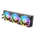Radiator of Thermaltake MINECUBE 360 Ultra ARGB Sync CPU Cooler with triple RGB fans in rainbow lighting.
