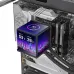 Interior PC build featuring Thermaltake MINECUBE 360 Ultra ARGB Sync CPU Cooler with digital display showing temps.