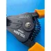 Detailed view of Tolsen 38049 Automatic Wire Stripper with black jaws, orange handles, and labeled wire gauge sizes.