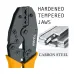 Close-up of Tolsen 38056 Crimping Plier with hardened tempered jaws and carbon steel durability markings.