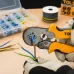 Close-up of Tolsen 38058 Crimping Plier in use attaching blue insulated terminal to brown electrical wire.