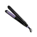 Angled view of Philips BHS377 straightener highlighting smooth plates, swivel cord and modern black finish with purple accents