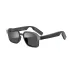 Front view of XO E12 smart audio sunglasses with rectangular frame design beside retail packaging.