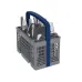 Close-up of Hitachi HDF-F146VX Dishwasher gray cutlery basket with blue handle holding forks and spoons upright.