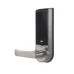 Angled view of ZKTeco HBL200B Door Lock featuring sleek metallic finish, black access panel, and ergonomic lever handle.