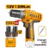 Front view of the INGCO CDLI12206 Cordless Drill with dual batteries, Type-C charging, and 20Nm torque highlights.