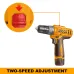 Close-up of INGCO CDLI122061 Cordless Drill showing two-speed adjustment switch with textured grip and torque settings.