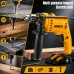 Front view of INGCO ID6808 Drill Machine with side handle, depth gauge, gloves, and panels showing use on materials.