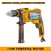 Close-up of INGCO ID7118 Drill Machine showing industrial design with side handle and 710W powerful motor highlighted.