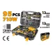 Front view of Tolsen 79685 Hammer Drill 95-piece kit with yellow-black drill and organized tools in molded case.