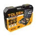Packaged Tolsen 79685 Hammer Drill tool set in durable storage case with specs and open case image on box.