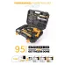 Open case view of Tolsen 79685 Hammer Drill 95-piece tool set with drill, pliers, screwdrivers, and accessories.
