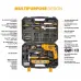 Multipurpose Tolsen 79685 Hammer Drill tool set displayed in case with labeled screwdrivers, sockets, and drill bits.