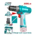 Studio side view of the teal TOTAL 20Nm Cordless Drill Machine with included accessories and packaging highlights.