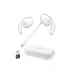 White open-ear earbuds with charging case and USB dongle, showcasing complete wireless audio setup for convenience.