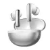 Front view of HAYLOU Flowbuds N50 earbuds in metallic silver charging case with glossy white accents.
