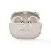Front view of the beige HiFuture FlexClip open-ear headphones inside their open charging case, showing the metallic earbuds and ear clips.