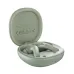 Open olive green HiFuture FlyBuds4 charging case with one earbud removed, showing product details and regulatory markings inside the lid.