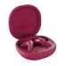 Open maroon HiFuture FlyBuds4 charging case, showing the earbuds and product information printed inside the lid.
