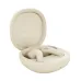 Open beige HiFuture FlyBuds4 charging case, showing the earbuds and product information printed inside the lid.