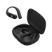 Black JBL Endurance Peak 4 earbud floating beside open charging case
