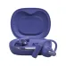 Angled view of JBL Sense Pro earbuds in blue charging case with ear hook design and logo visible inside lid.