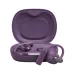 Close-up of JBL Sense Pro earbuds in purple case showing secure fit ear hooks and indicator light near front edge.