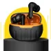 Black MOVR Tune 2 earbuds in open case with orange interior, green light, and pedestal display.