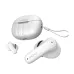 White MOVR Tune 2 earbuds with logo and case showing strap, charging port, and indicator light.