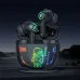 Front view of the Onikuma T36 Wireless Earbuds placed in a transparent RGB charging case with glowing LED lighting.
