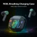 Angled view of the Onikuma T36 Wireless Earbuds and case highlighting RGB breathing light effects on a futuristic background.